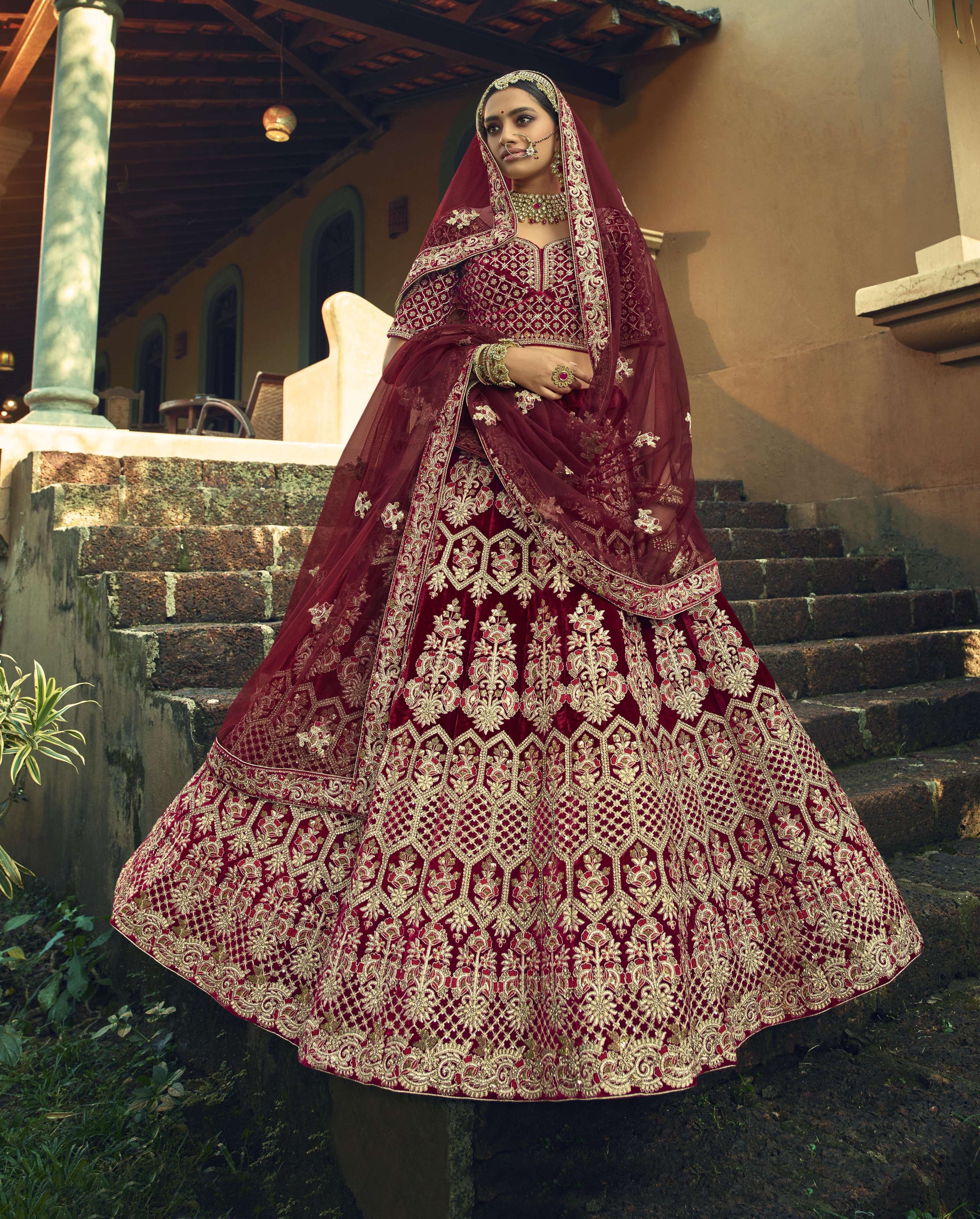 Buy Wedding Wear Maroon Velvet Embroidery Work Lehenga Choli Online