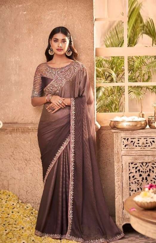 Net Embroidery Saree In Light Brown Colour