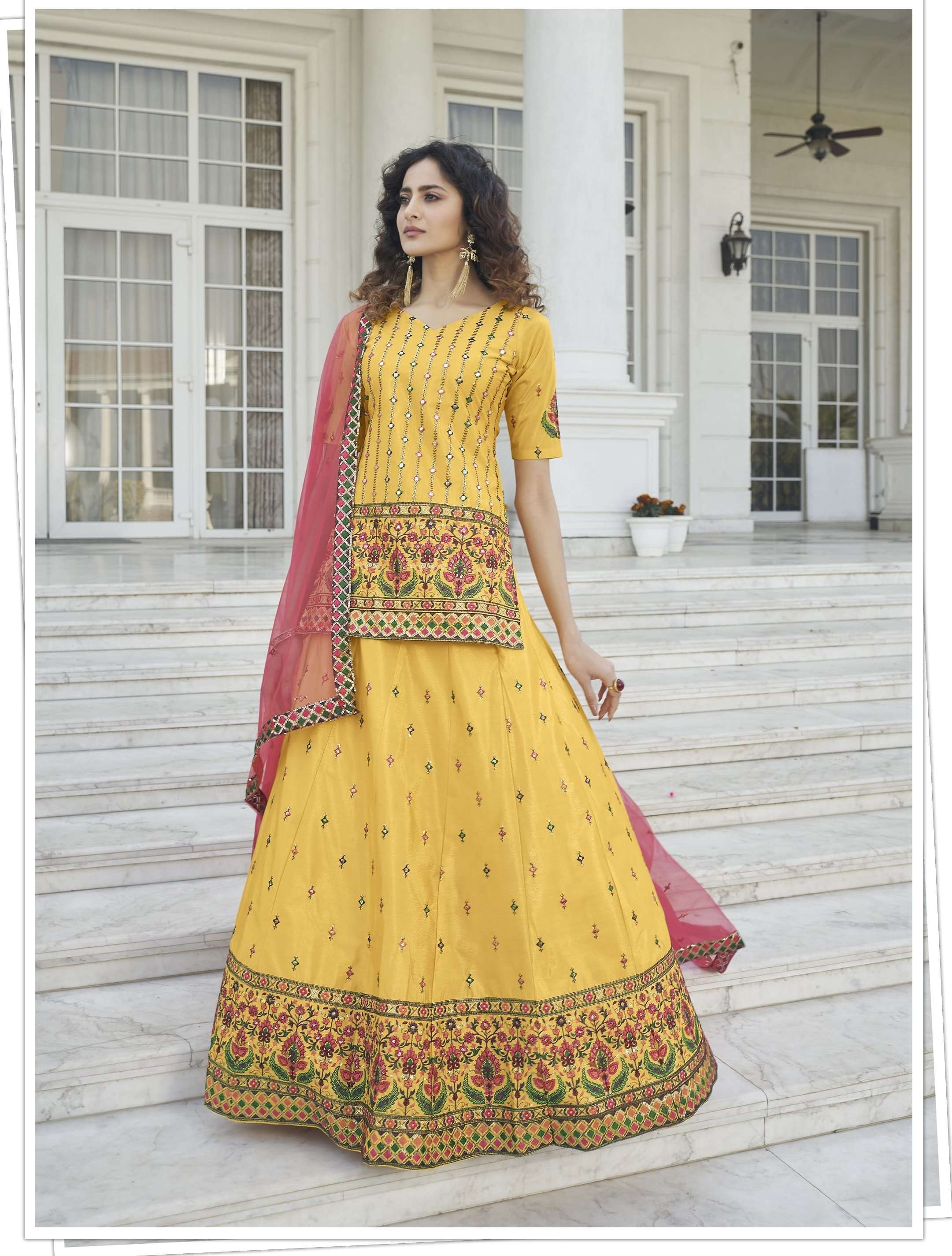 Embroidered Viscose Gold Circular Lehenga Choli Ghagra | Long blouse designs,  Party wear dresses, Choli designs