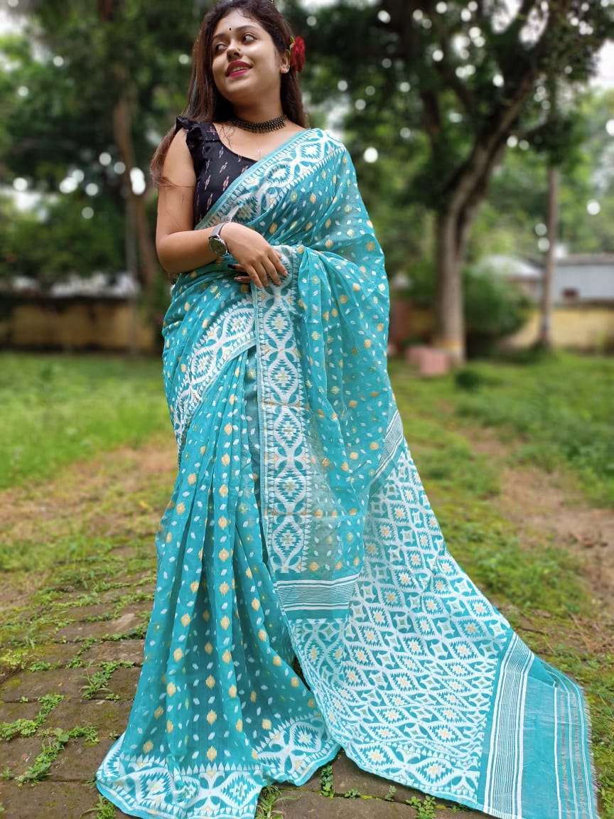 Women Blue & Pink Traditional saree of bengal cotton without