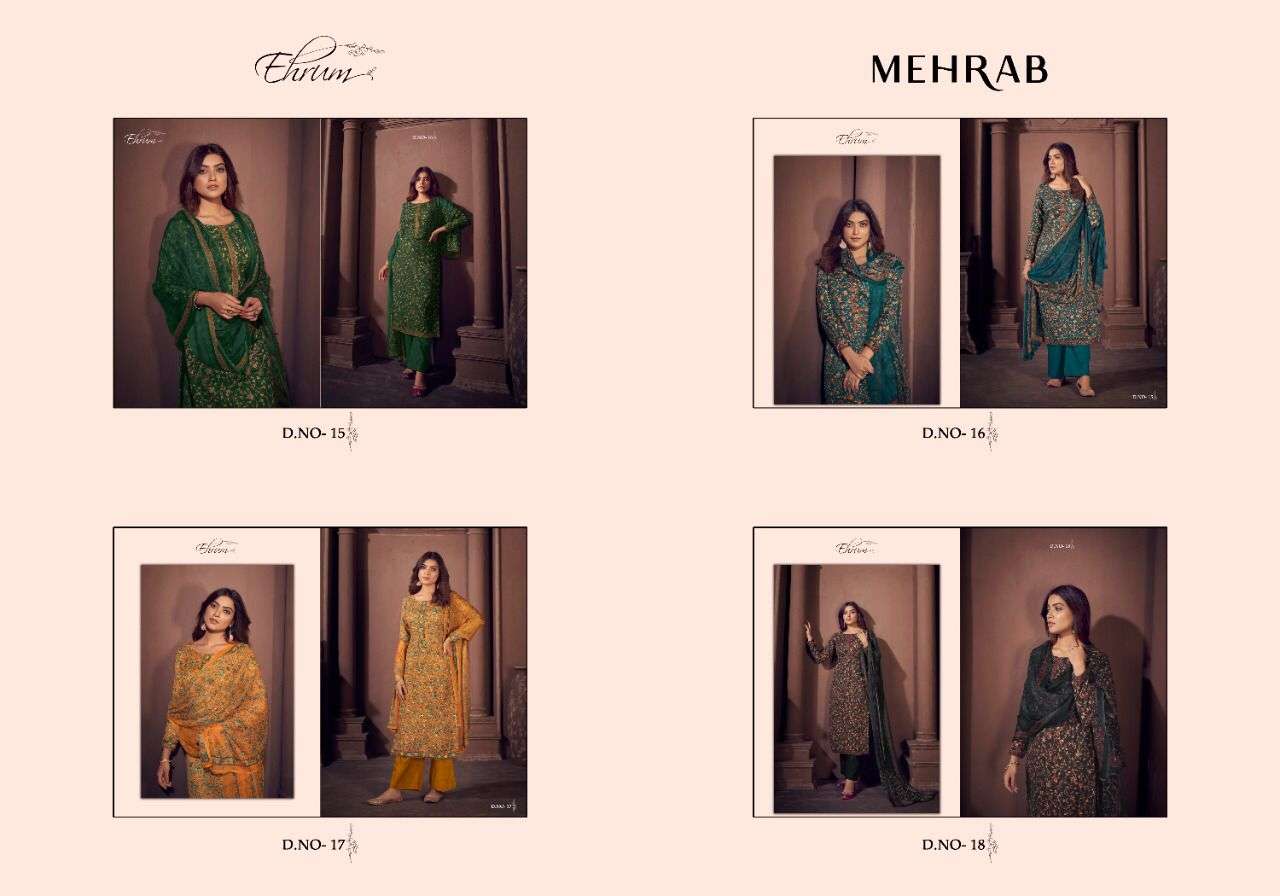 VARSHA PRESENTS MEHRAB EHRUM 15-18 SERIES PASHMINA PRINTED SUITS COLLECTION  AT WHOLESALE PRICE N1200