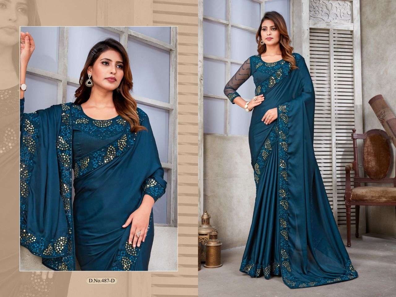Satin Silk Designer Saree in Navy Blue
