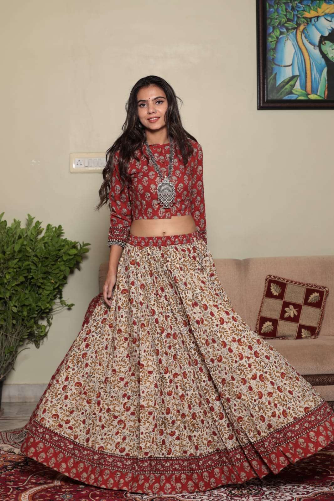 Cotton Machine Pista Chanderi Printed Lehenga Choli