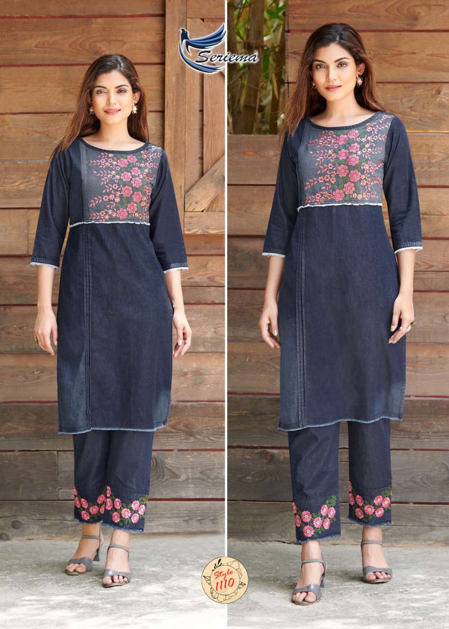 Shop Printed Navy Blue Denim Front Slit Kurti with White Cotton Silk Pants  - Kurti Sets Online in India | Colorauction