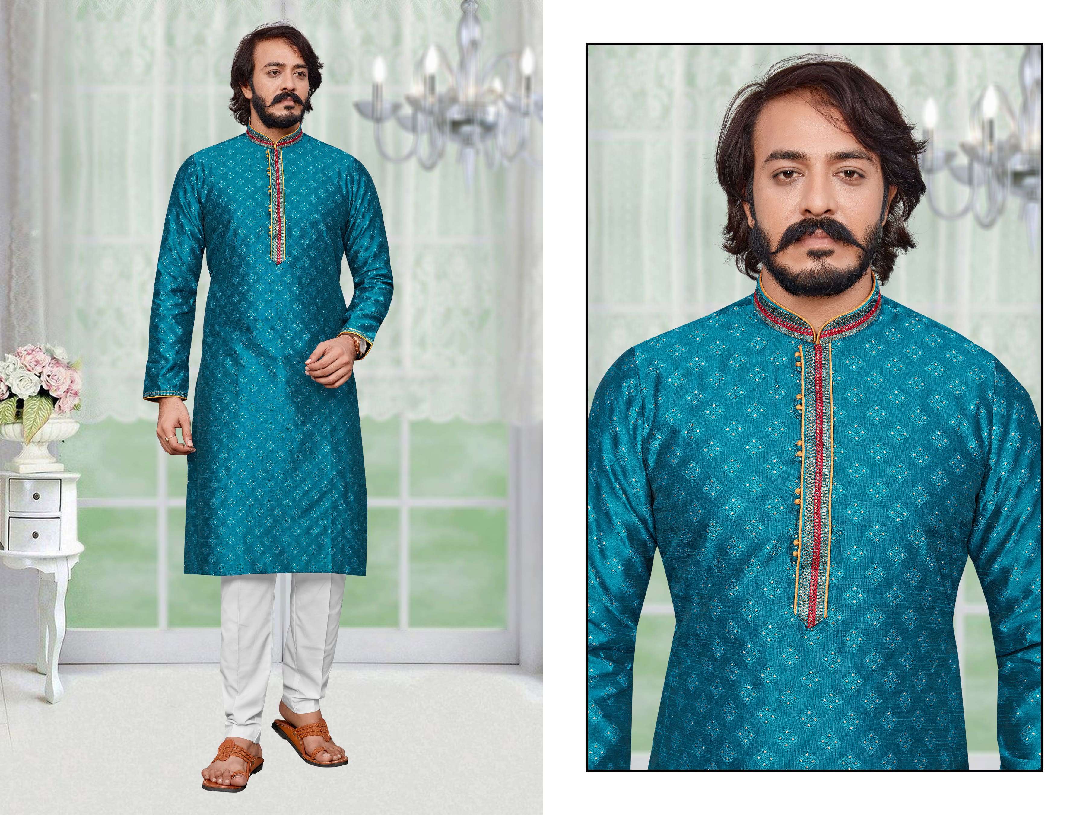 Outlook Dno D-19 Traditional Mens Indian Jacquard Silk Kurta Pajama ...