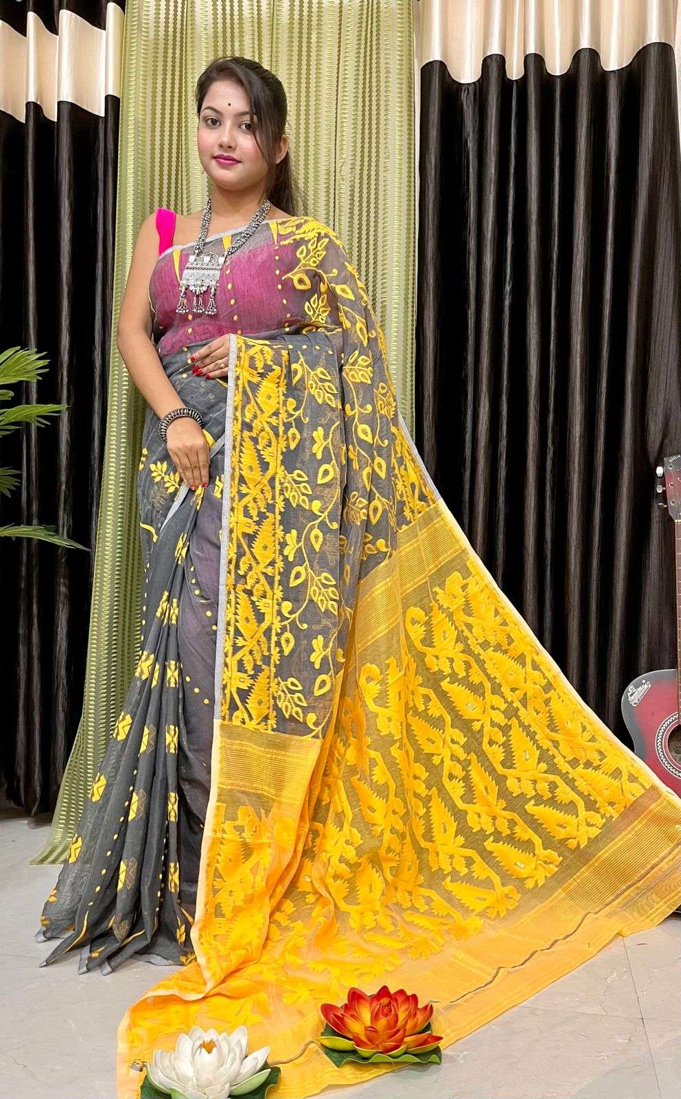 Party Wear Yellow Dhakai Jamdani Sarees, 5.5 m (separate blouse piece),  Machine Made at Rs 850 in Krishnanagar