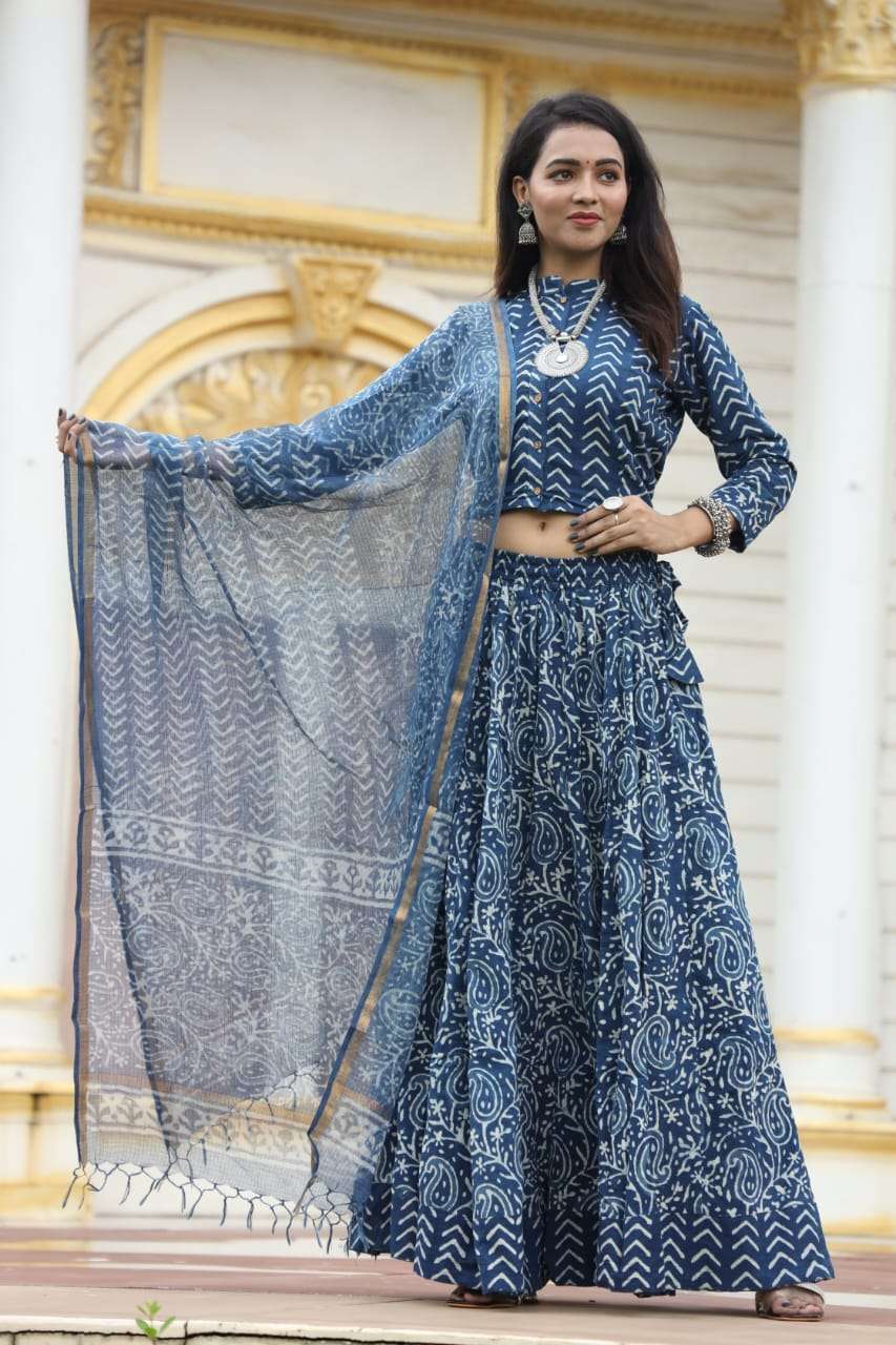 Block Printed Skirt Pants With Saree Top