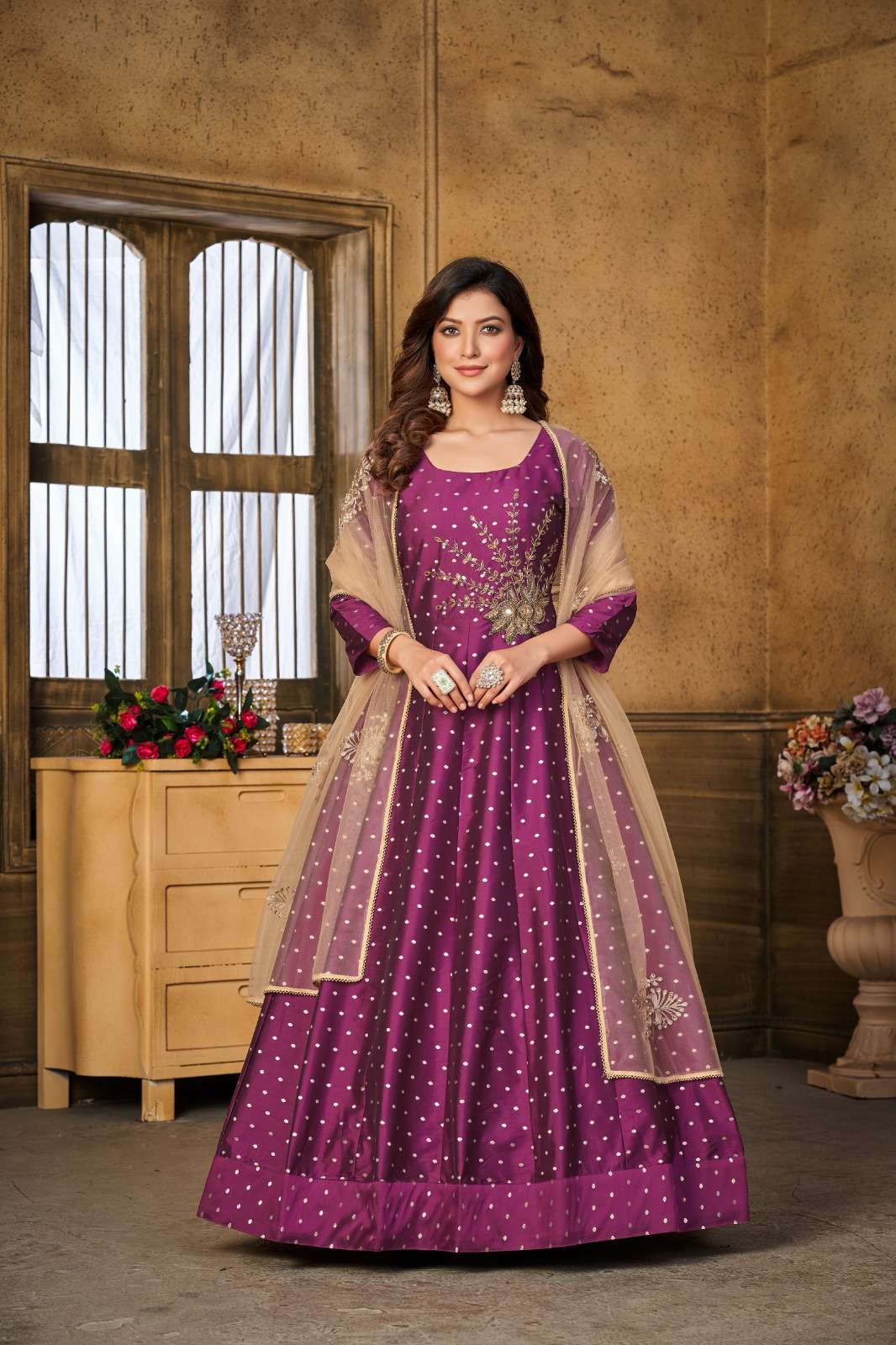 Rani Traditional Function Wear Embroidered Faux Blooming Gown
