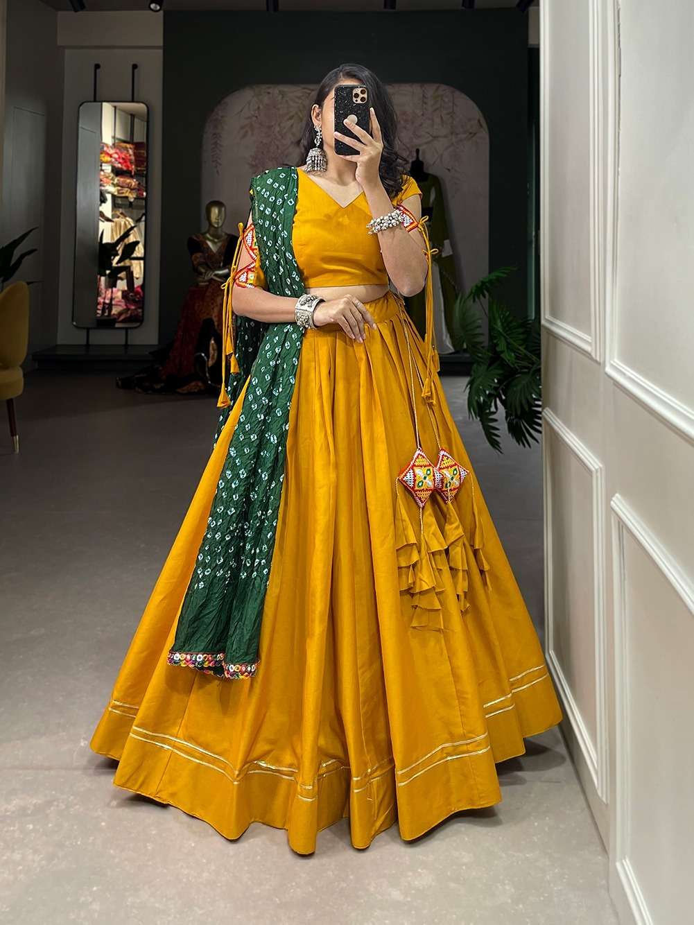 Stitched Red Embroidery Work Cotton Lehenga Choli with Yellow Dupatta at Rs  1399 in Ahmedabad