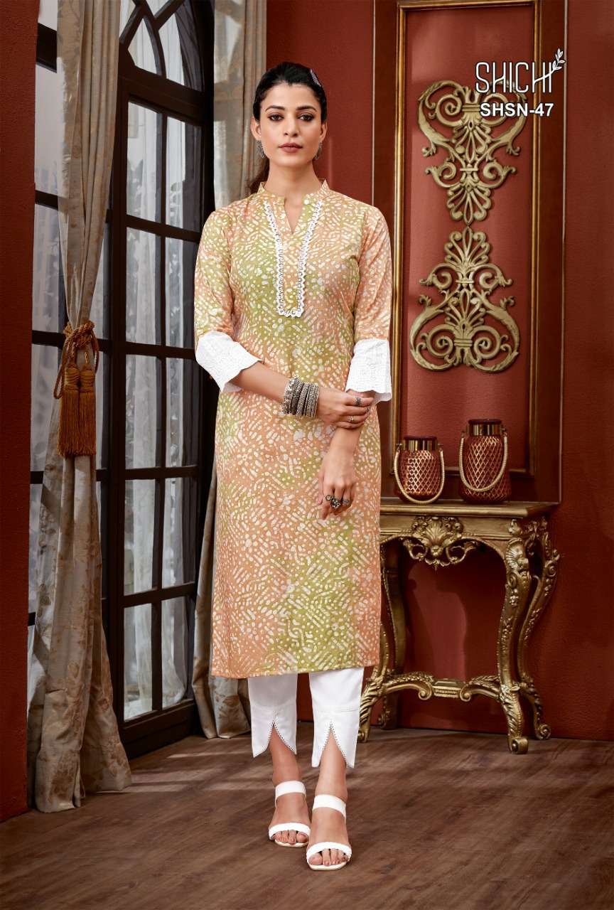 Red colored viscose Kurti with brocade neckline and lace work.