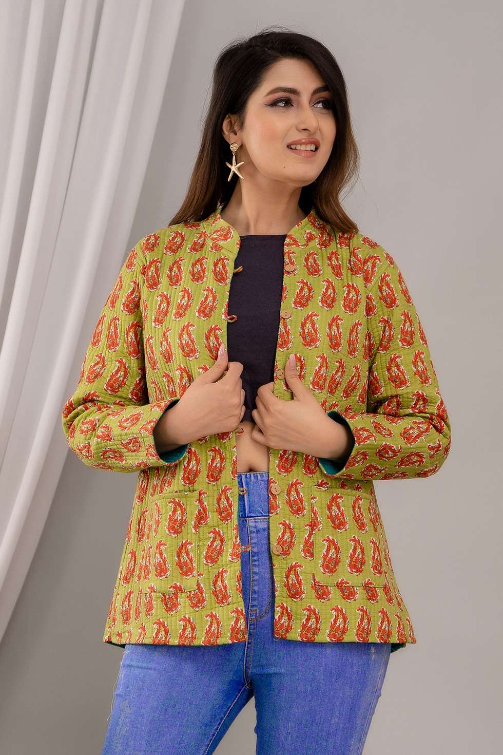 Printed Reversible Cotton Jacket for Women | 16-11-JKT-13 | Lable Rahul  Singh