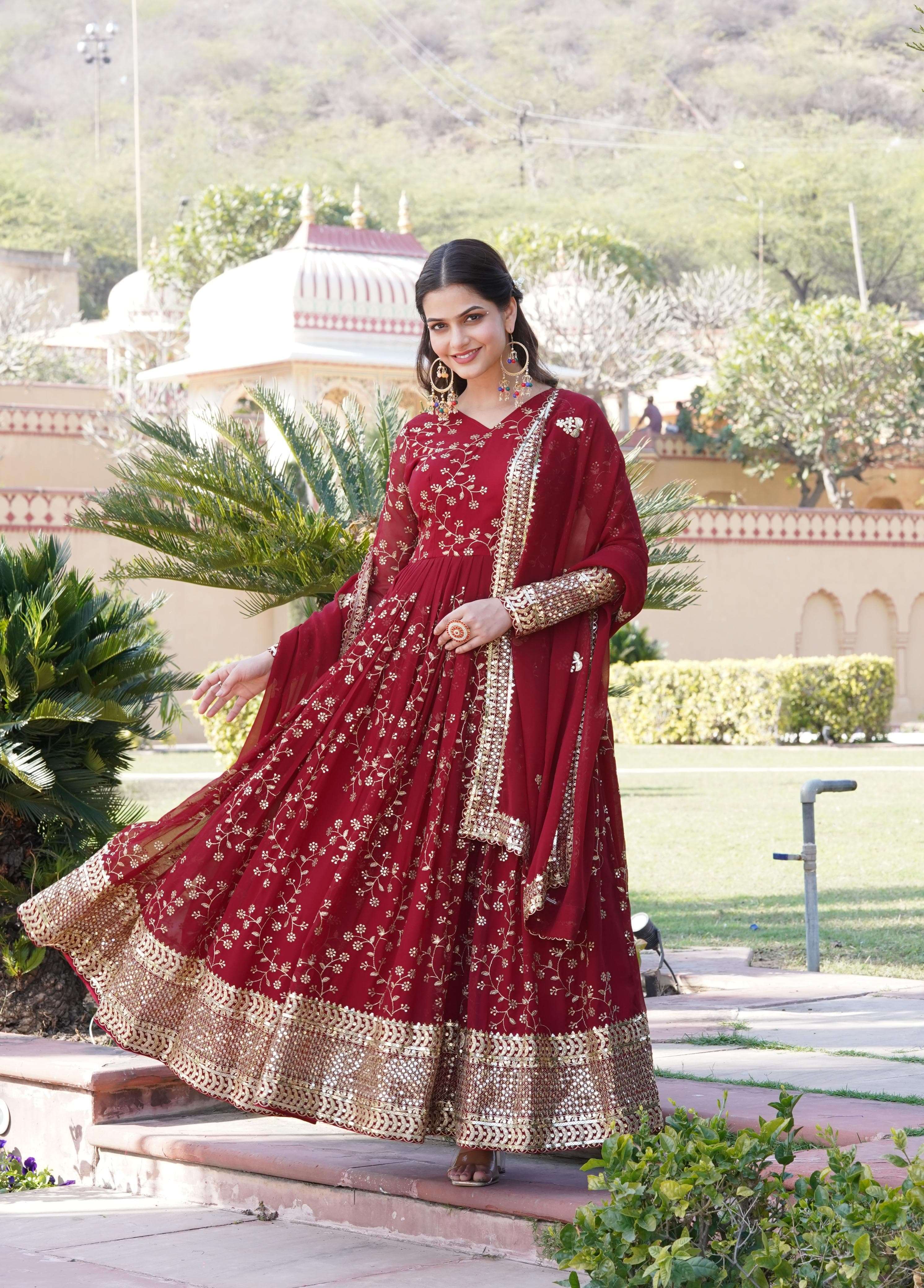 Marron Premium Roman Anarkali Set with Dupatta – Festive & Wedding main image 1