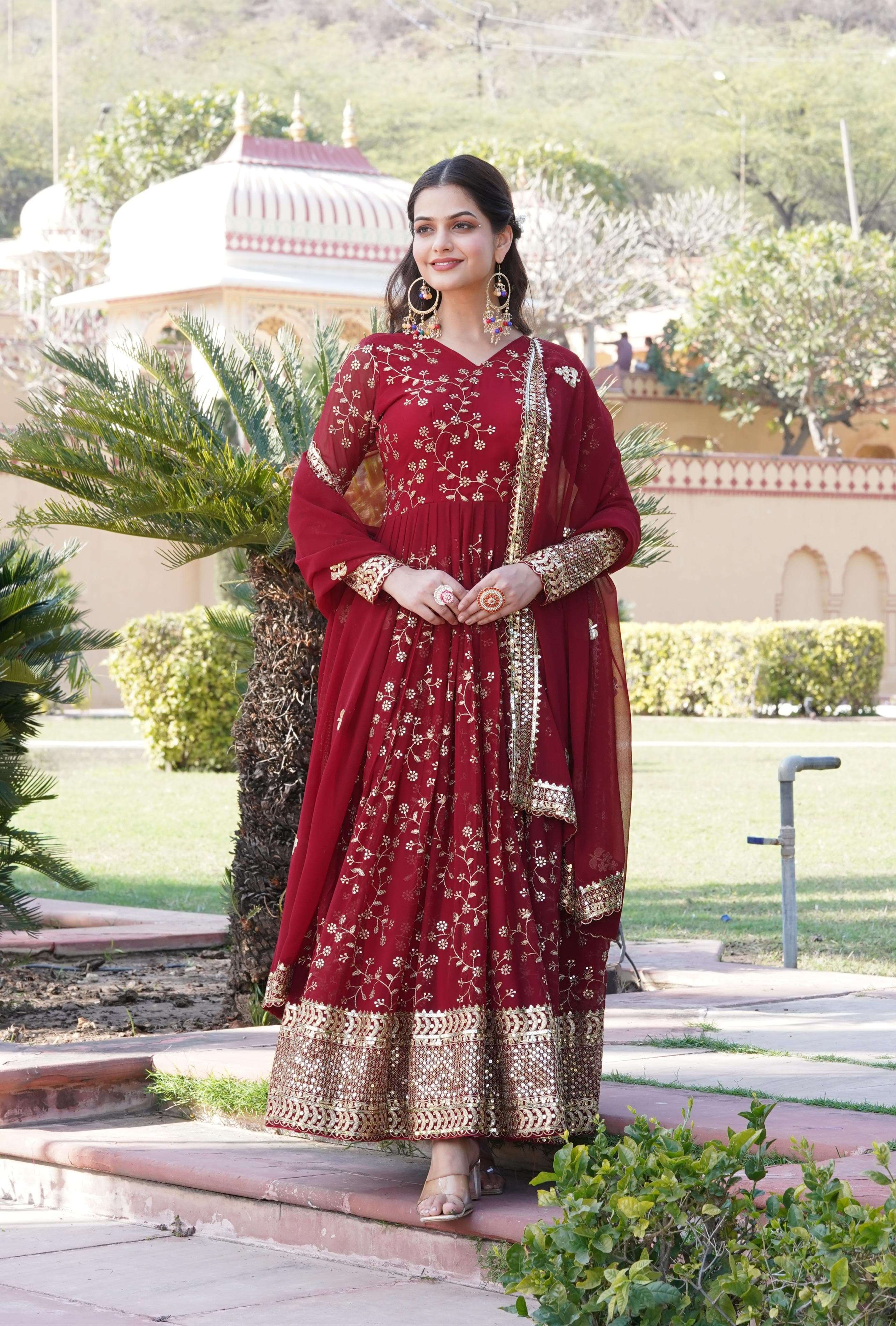 Marron Premium Roman Anarkali Set with Dupatta – Festive & Wedding main image 0