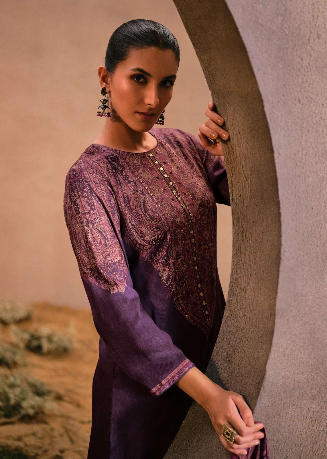 VARSHA PAISLEY TENCIL SATIN DIGITALLY PRINTED SUIT WITH HANDWORK